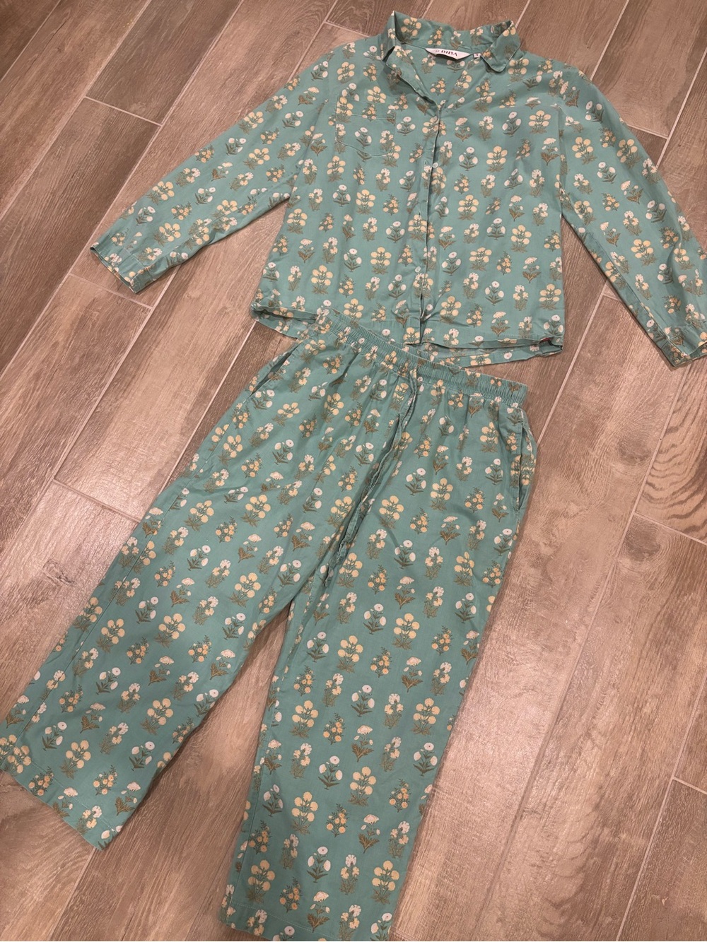 Beautiful Biba Pajama Set Floral Pattern Against Sage Green Background S